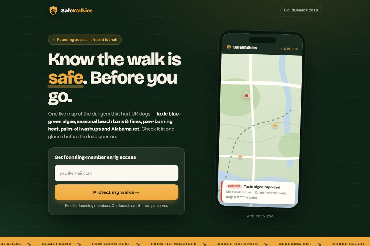 SafeWalkies landing page - built by Kerb Studio